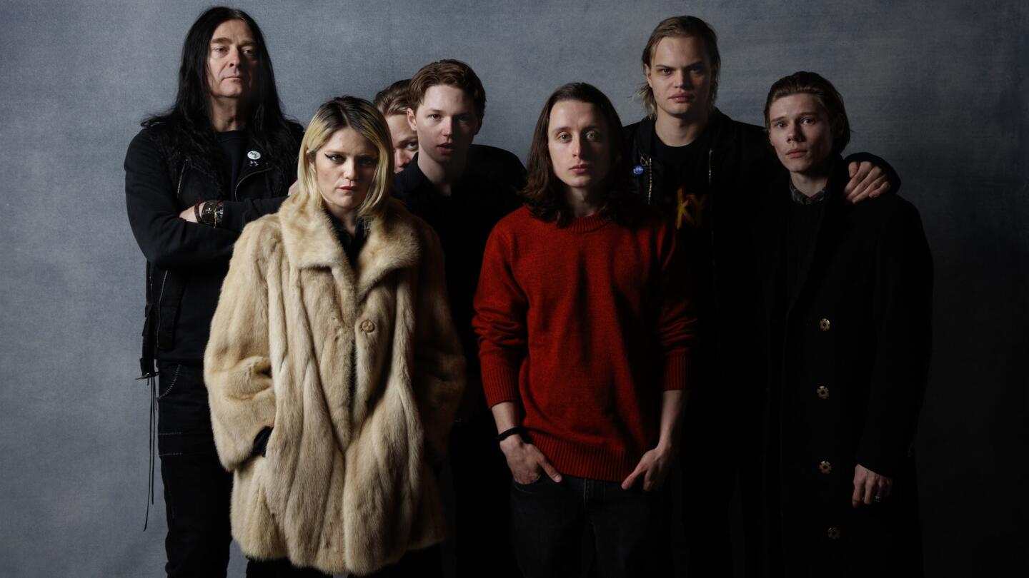 Director Jonas Akerlund, from left, actress Sky Ferreira, actor Valter Skarsgard, actor Jack Kilmer, actor Rory Culkin, actor Wilson Gonzalez and actor Lucian Charles Collier, from the film "Lords of Chaos."