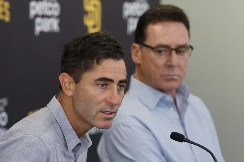 San Diego, CA - October 25: Padres President of Baseball Operations and General Manager A.J. Preller and Manager Bob Melvin speak at a post season news conferences at Petco Park on Tuesday, Oct. 25, 2022 in San Diego, CA. (K.C. Alfred / The San Diego Union-Tribune)s