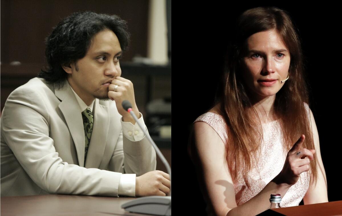 Vili Fualaau, left, sits in a courtroom in a beige suit. Amanda Knox, right, wears a pale pink dress and speaks at a lectern.