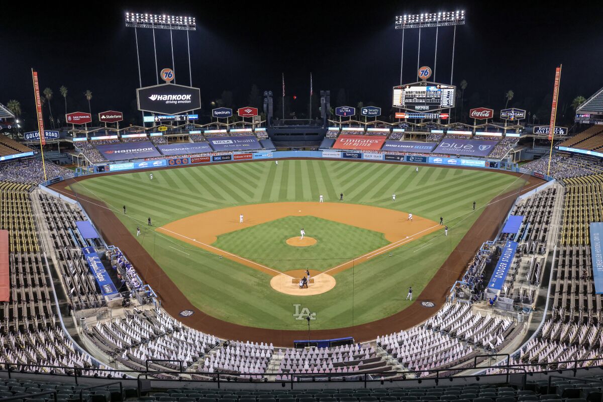 The Dodgers and Brewers play in an empty Dodger Stadium during Game 2 of the National League wild-card playoffs on Oct. 1.