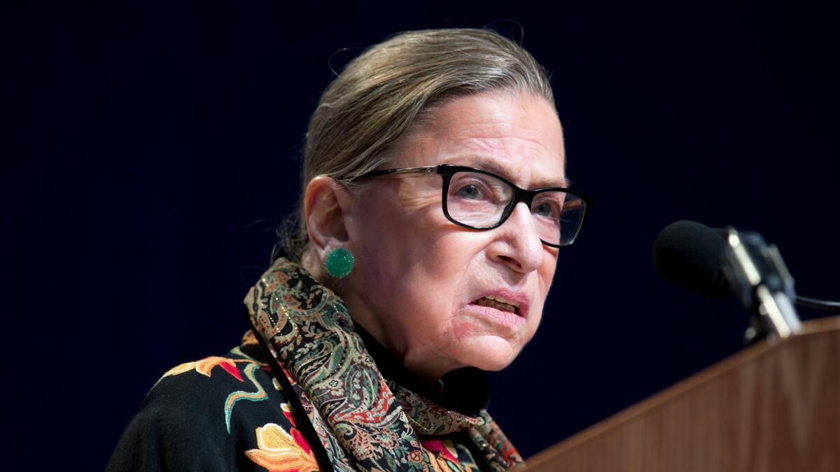 Supreme Court Justice Ruth Bader Ginsburg speaks at Brandeis University in Waltham, Mass. on Jan. 28.