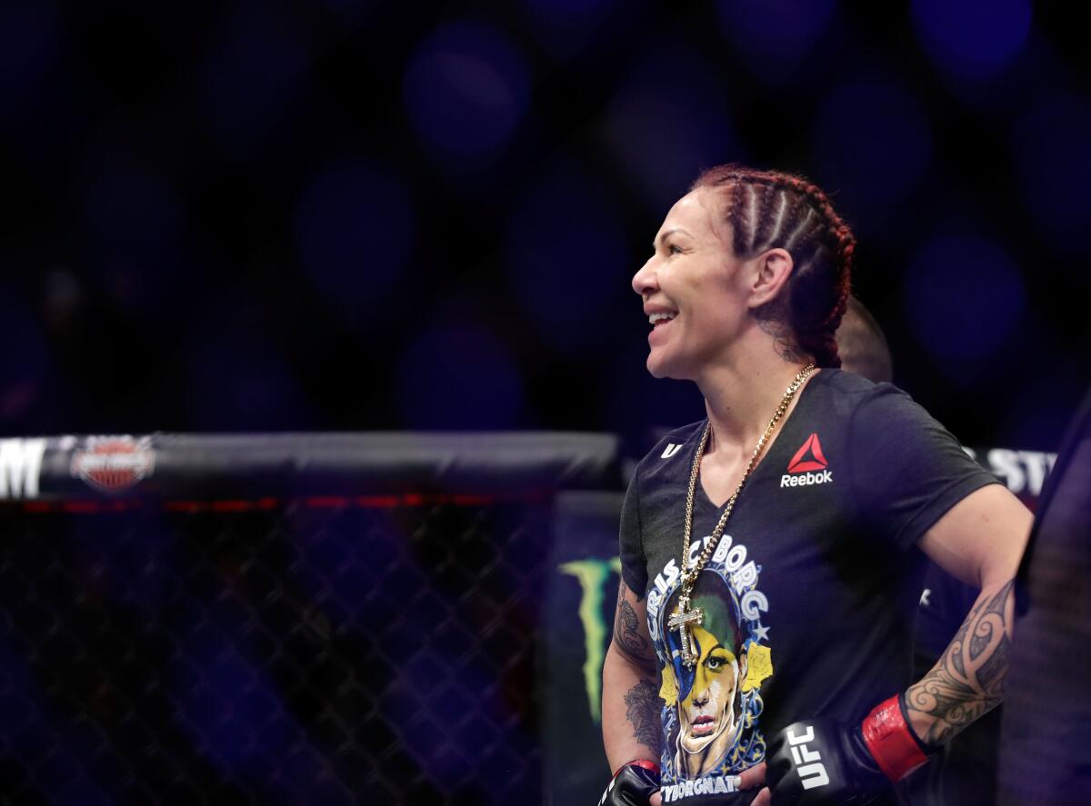 Cris Cyborg celebrates her win over Yana Kunitskaya during UFC 222 at T-Mobile Arena on March 3, 2018 in Las Vegas