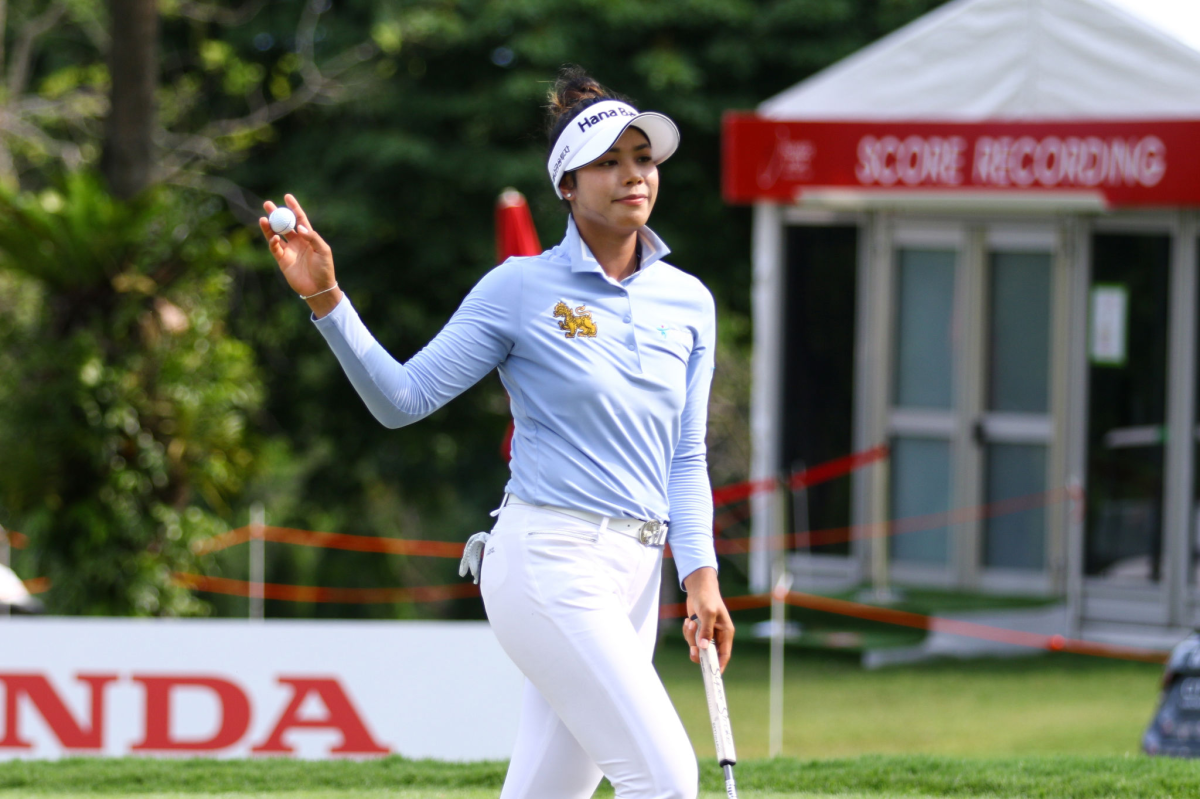 Patty Tavatanakit reacts after sinking a putt during the third round of the LPGA Thailand.