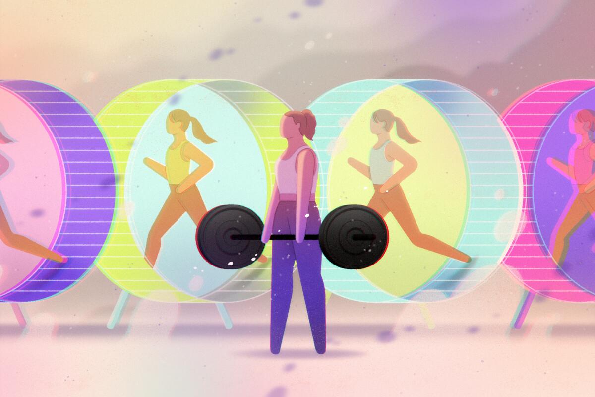 Illustration of a woman lifting weights in front of several women running on hamster wheels.