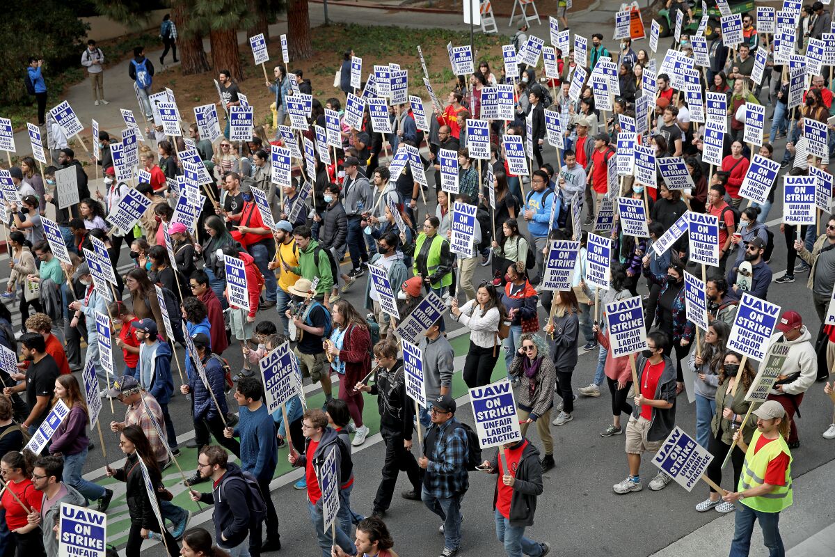 University of California academic workers strike walking the picket line on the Campus of the University of California.