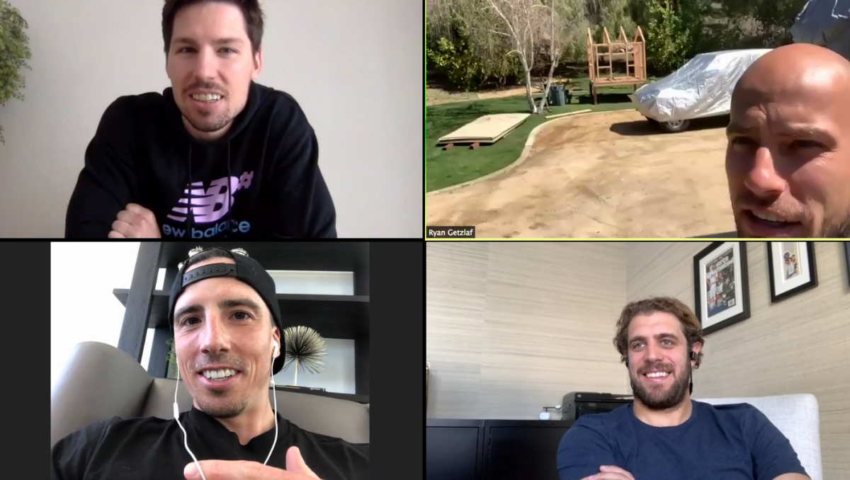 NHL players, clockwise from top left, Logan Couture, Ryan Getzlaf, Anze Kopitar and Marc-Andre Fleury stay in touch via video chat during the coronavirus outbreak.