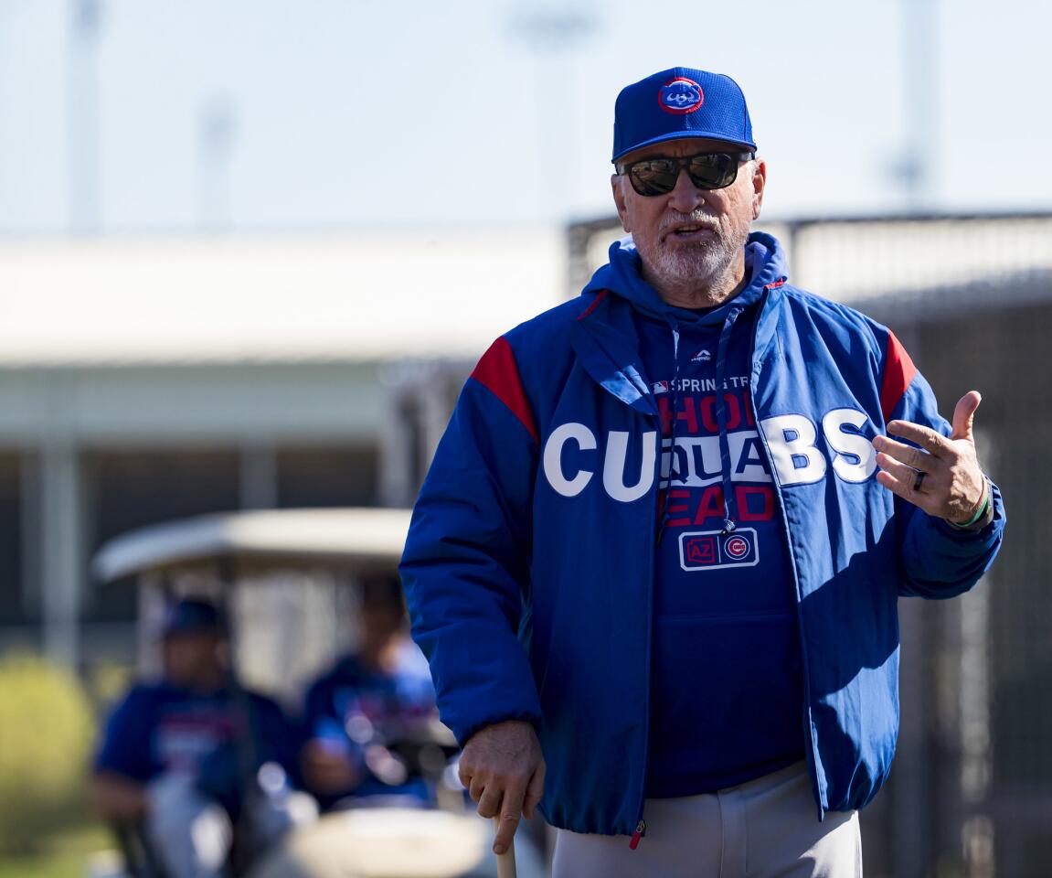 Cubs manager Joe Maddon on Sunday, Feb. 17, 2019 during spring training in Mesa, Ariz.