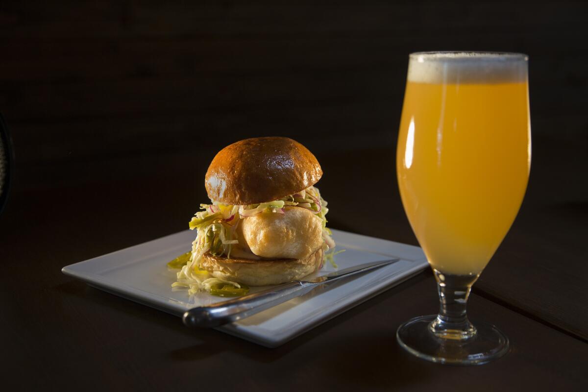 The fried cod sandwich is made with cod battered in Manifesto beer at Eagle Rock Public House.