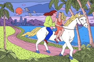an illustration of a man and woman riding horses at sunset