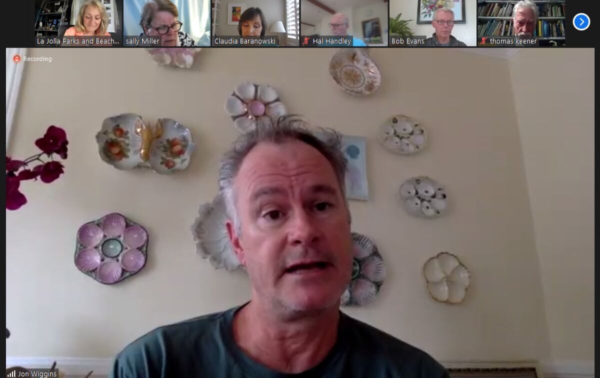 La Jolla resident Jon Wiggins addresses the La Jolla Parks & Beaches board during its Sept. 27 meeting online.