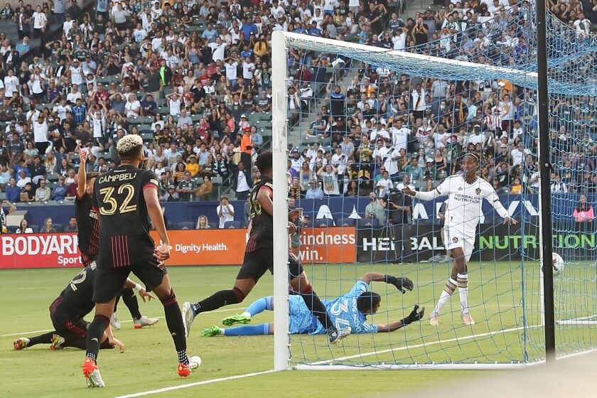 CARSON, CA - JULY 24: Kevin Cabral of LA Galaxy scores a goal to make it 1-0.