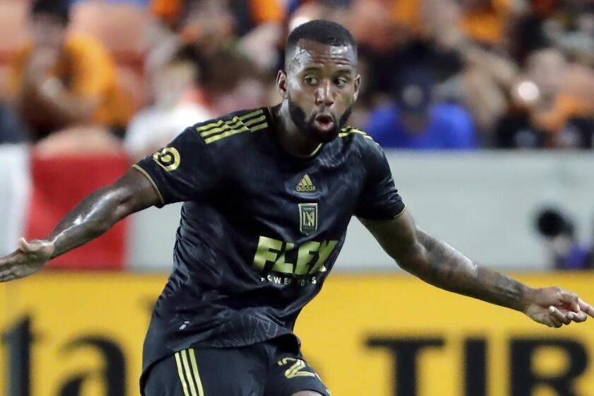 Los Angeles FC midfielder Kellyn Acosta during the first half of an MLS soccer match against the Houston Dynamo Wednesday, August 31, 2022, in Houston. (AP Photo/Michael Wyke)