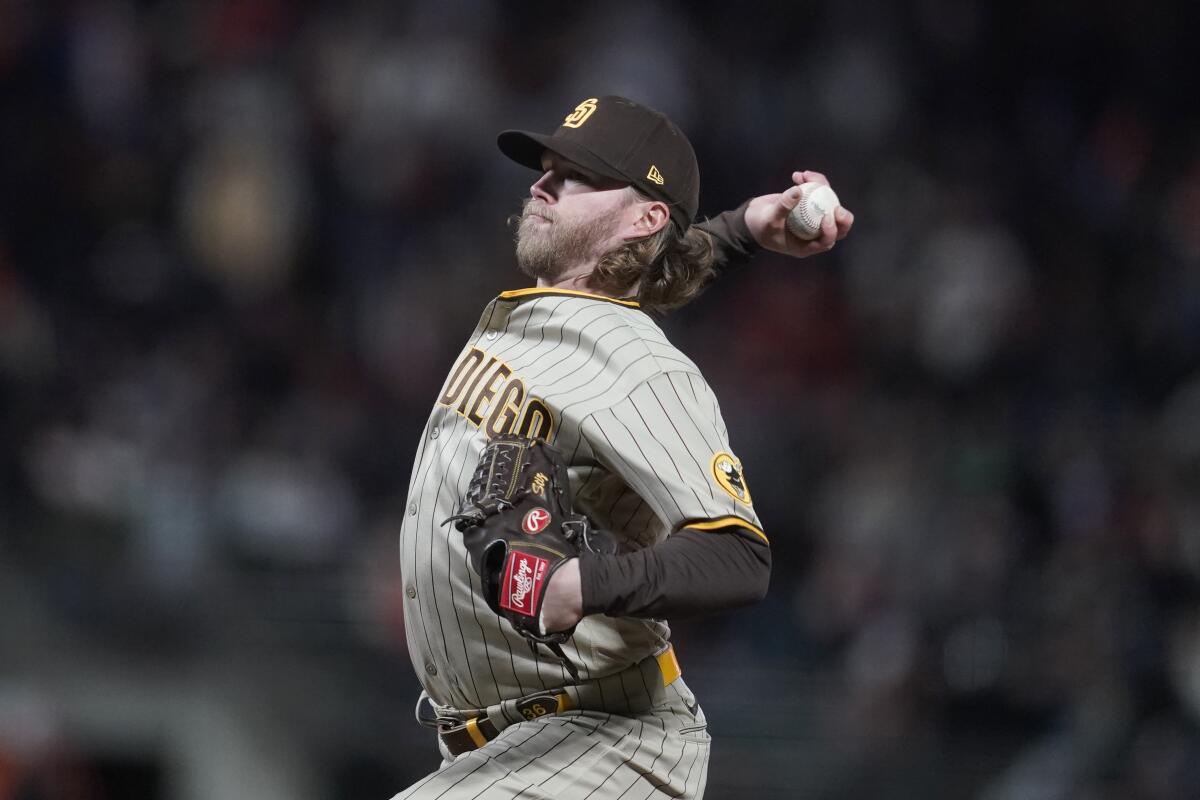 Padres reliever Pierce Johnson pitches against the Giants 