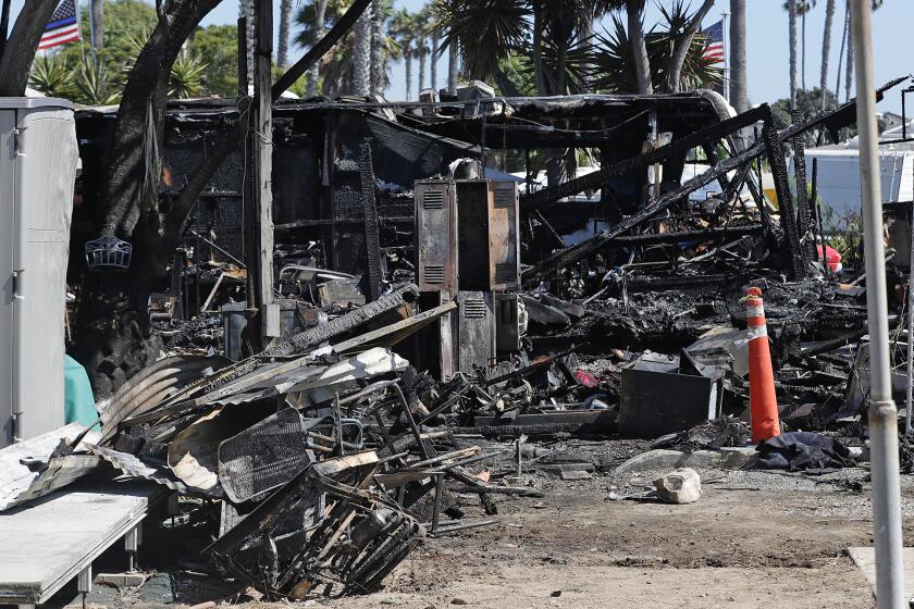 A Winnebago RV and surrounding area was destroyed by a fire in a trailer park at 7204 West Coast Hwy in Newport Beach on Wednesday morning.