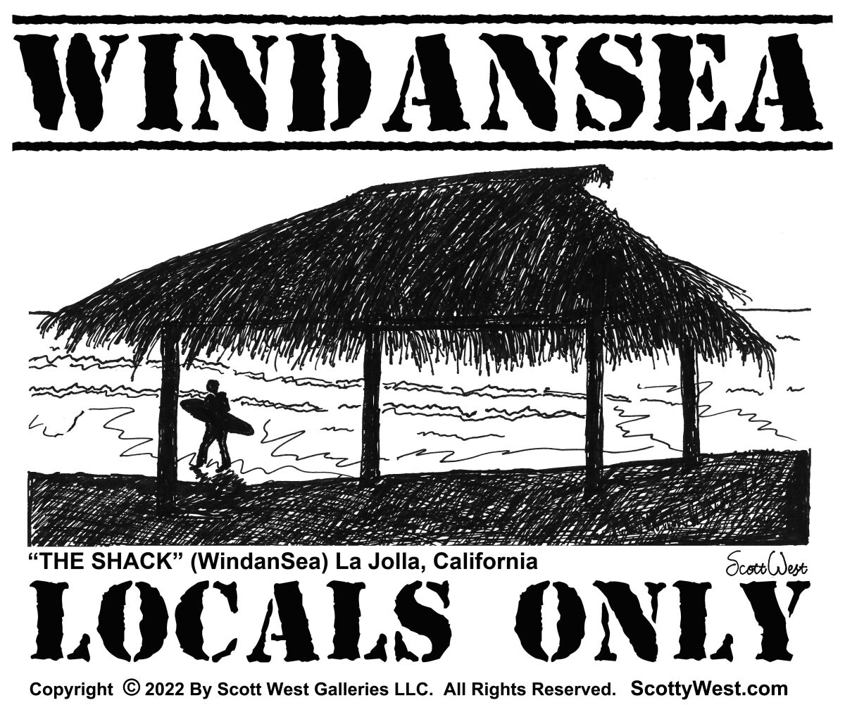 This sketch of Windansea Beach is one of the images in La Jolla artist Scott West's clothing line.