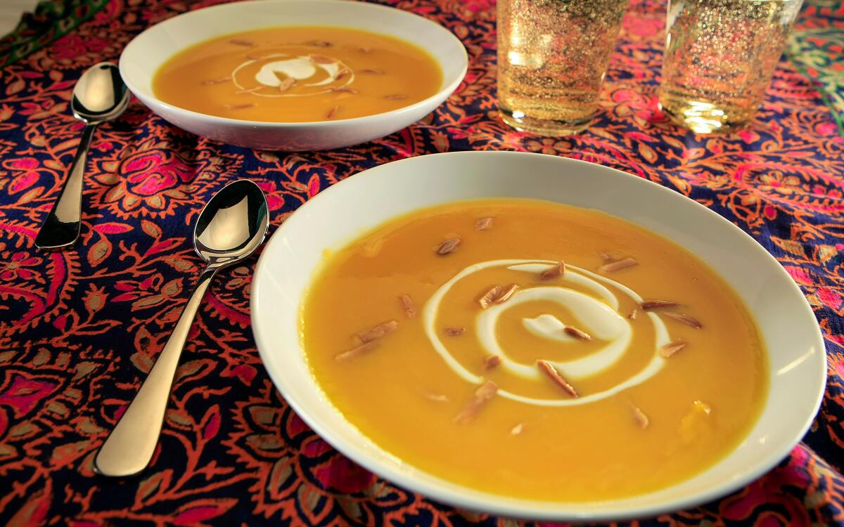 Creamy Butternut Squash Soup with shaved almonds.