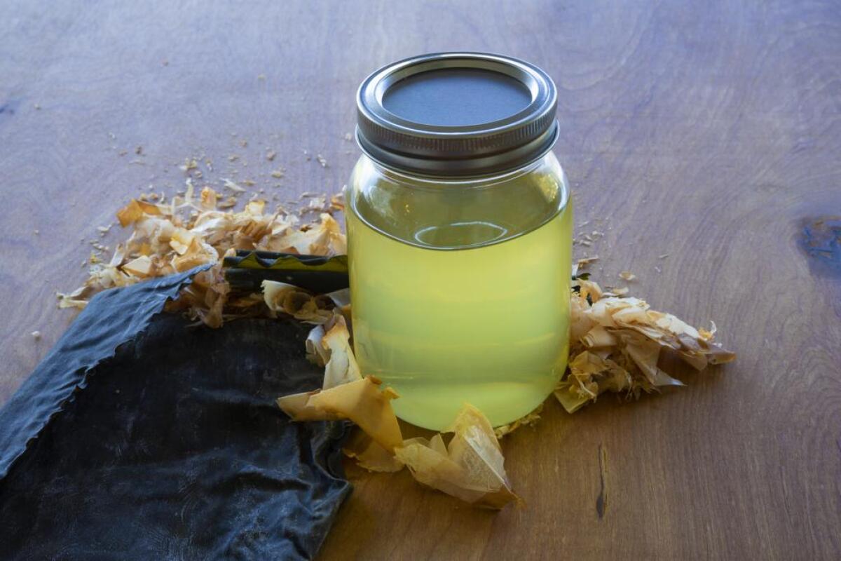 Classic dashi, made from steeped kelp and bonito flakes, in a mason jar
