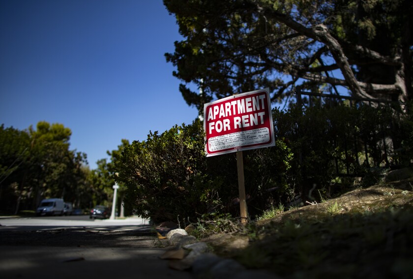 A sign reads "apartment for rent" in Pasadena. The coronavirus has complicated moving in L.A.