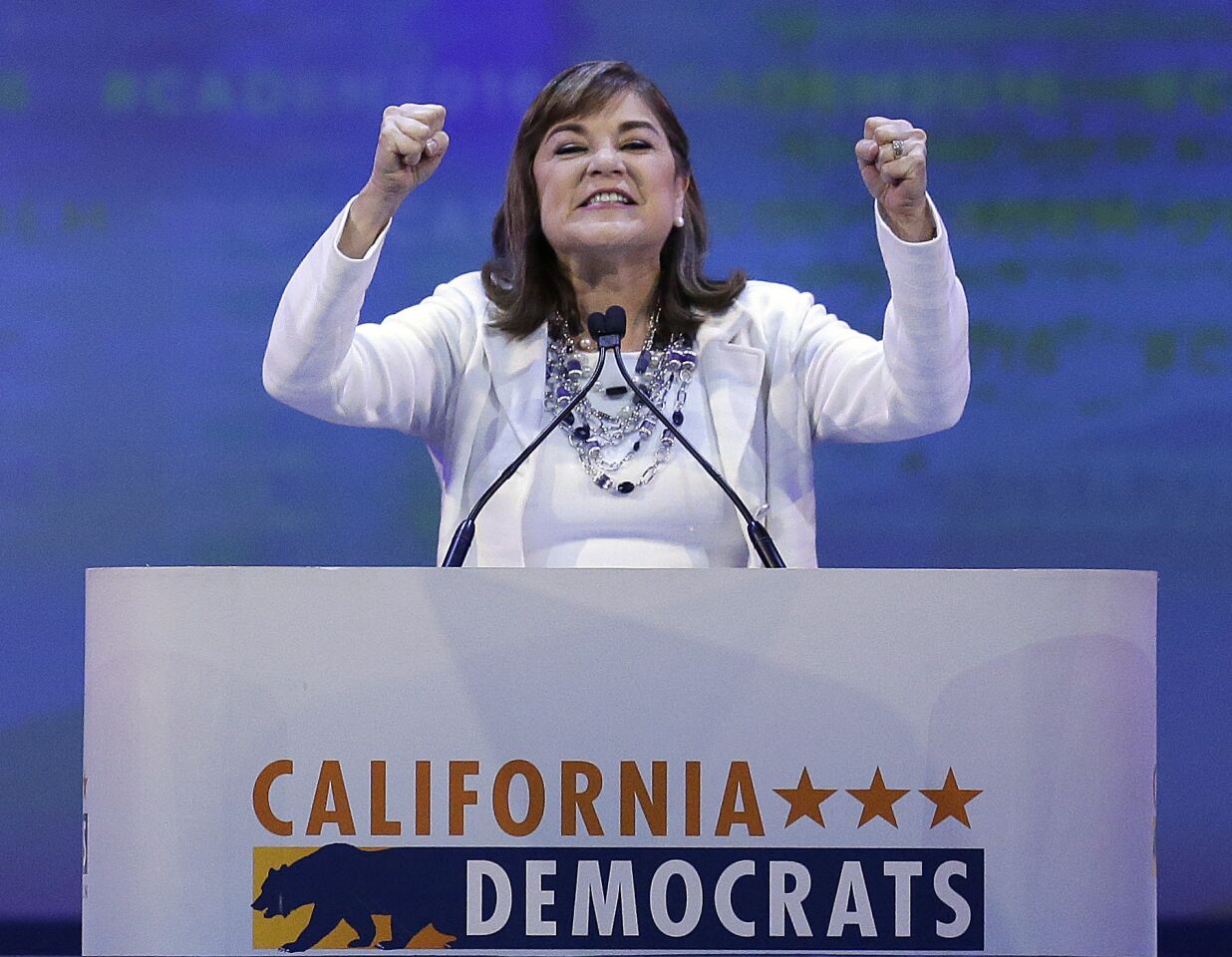 Rep. Loretta Sanchez, D-Santa Ana, gestures while speaking before the California Democratic Party Convention on Saturday in San Jose.