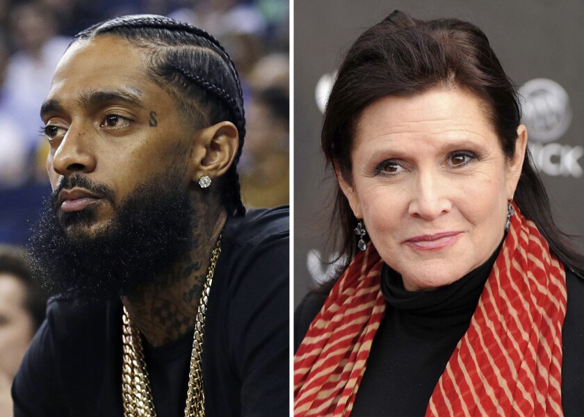 Head shots of Nipsey Hussle and Carrie Fisher