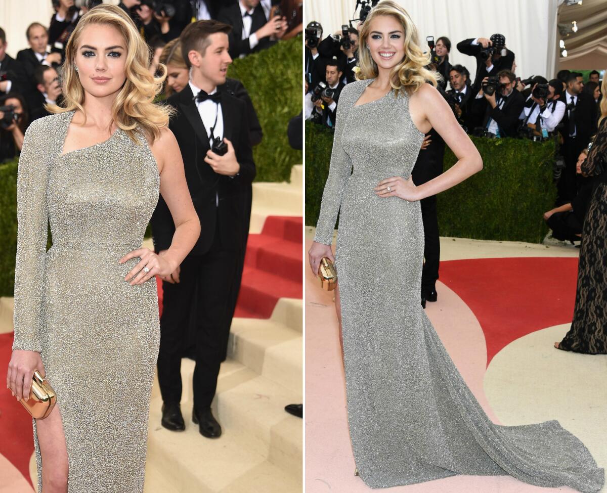 Kate Upton shows off her engagement ring on the Met Gala red carpet while turning heads in her elegant beaded gown.