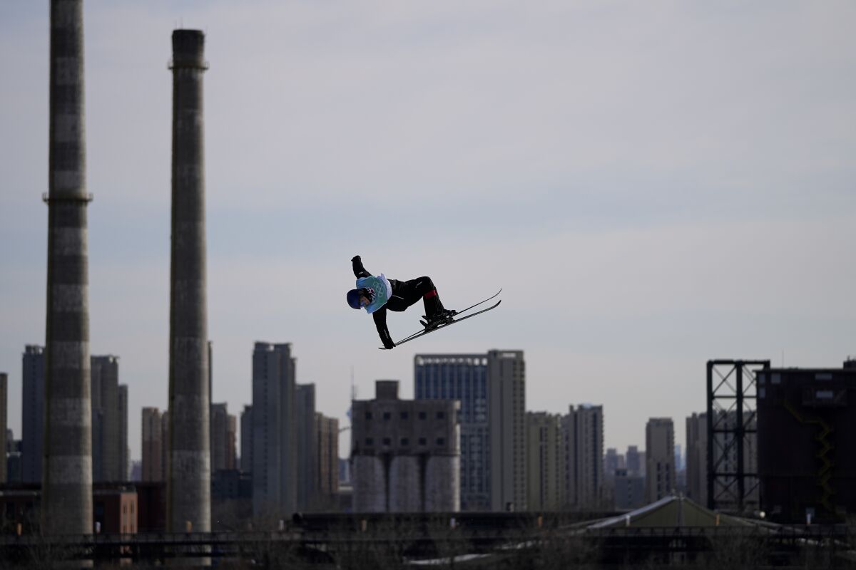 Canada's Elena Gaskell trains for the women's freestyle skiing big air competition at the 2022 Winter Olympics, Sunday, Feb. 6, 2022, in Beijing. (AP Photo/Jae C. Hong)