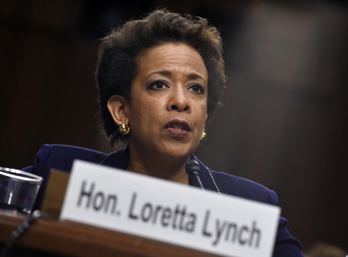In this Jan. 28, 2015 photo, Attorney General nominee Loretta Lynch testifies on Capitol Hill in Washington.