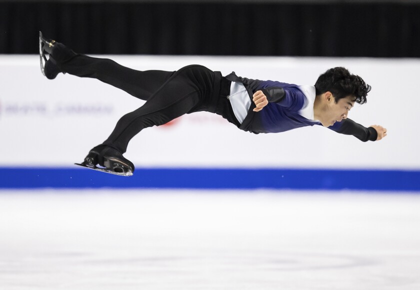 FILE - ]Nathan Chen performs his men's free program during the Skate Canada figure skating event Saturday, Oct. 30, 2021, in Vancouver, British Columbia. Chen, 22, has taken the men's version of the sport to new heights. (Darryl Dyck/The Canadian Press via AP, File)