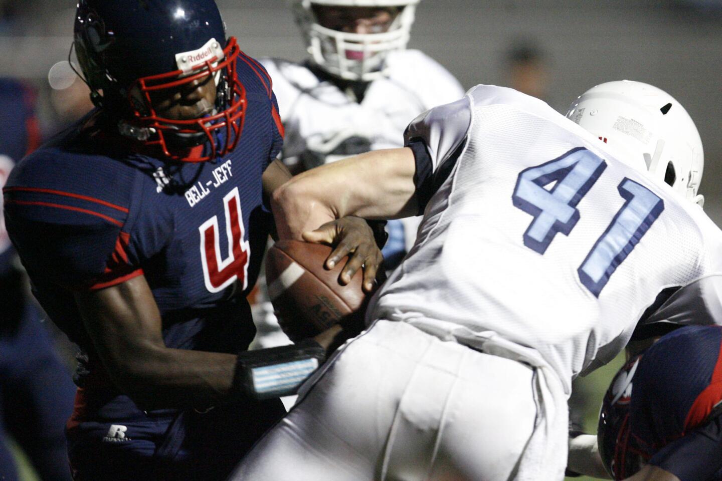 Bell-Jeff's Jalen Henry, left, takes the ball from Chadwick's Jacob Radeski during a game at John Burroughs High School in Burbank on Saturday, September 22, 2012.