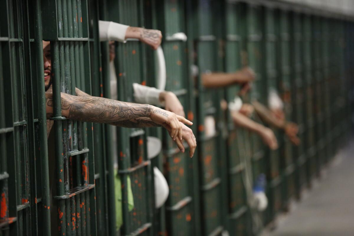 Men in jail cells extend their arms outside the bars