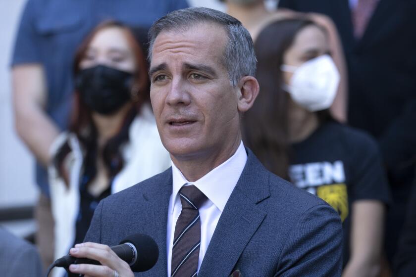 LOS ANGELES, CA - FEBRUARY 09: Mayor Eric Garcetti during the Wednesday, Feb. 9, 2022 announcement at City Hall of a plan for requiring new residential and commercial construction to have zero-emissions by 2030. (Myung J. Chun / Los Angeles Times)