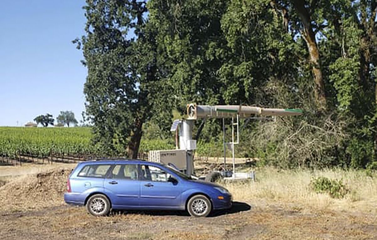 This photo provided by the Sonoma County Sheriff's Office shows a fan at a vineyard in Santa Rosa, Calif. where a man was found Tuesday, June 8, 2021 by a sheriff's deputy responding to a call about a suspicious vehicle parked in the area. Officials in Northern California rescued the man who said he had been trapped inside a large fan at a vineyard for two days. (Sonoma County Sheriff's Office via AP)