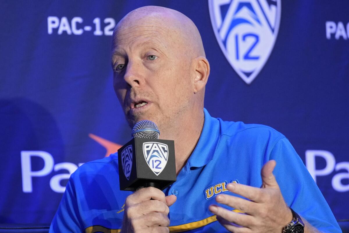 UCLA coach Mick Cronin speaks during Pac-12 media day on Wednesday.