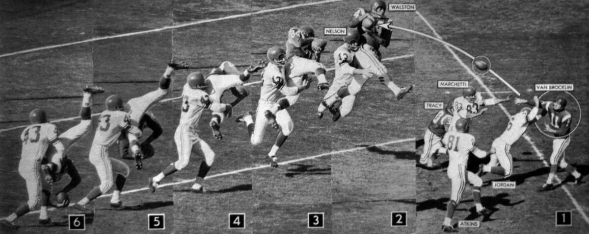 Jan. 15, 1961: In this six-photo sequence, Norm Van Brocklin passes to Philadelphia Eagles teammate Bobby Walston, who outjumps the Baltimore Colts' Andy Nelson (43) to make the catch.