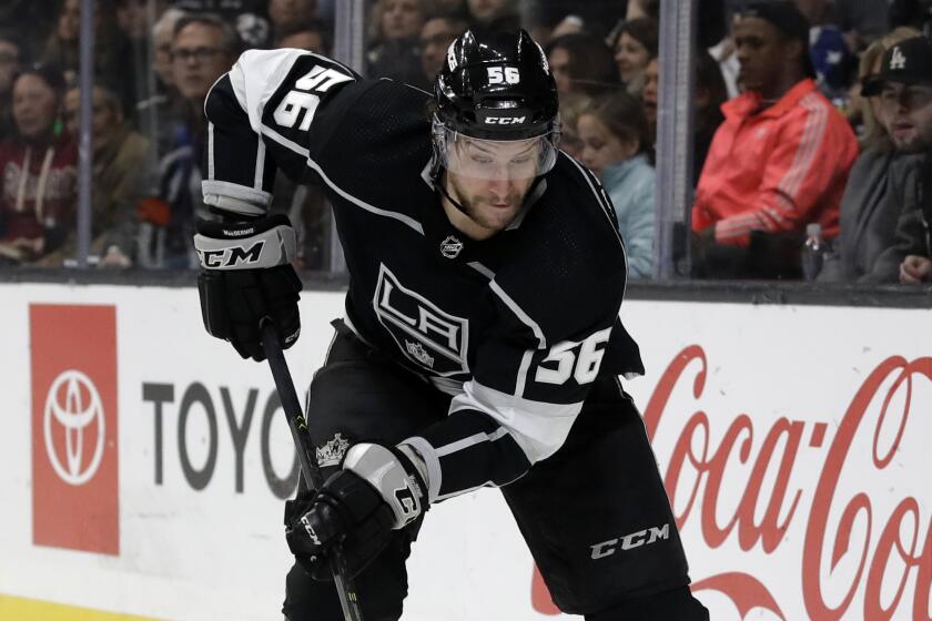 Los Angeles Kings' Kurtis MacDermid in action against the St. Louis Blues during the second period of an NHL hockey game Monday, Dec. 23, 2019, in Los Angeles. (AP Photo/Marcio Jose Sanchez)