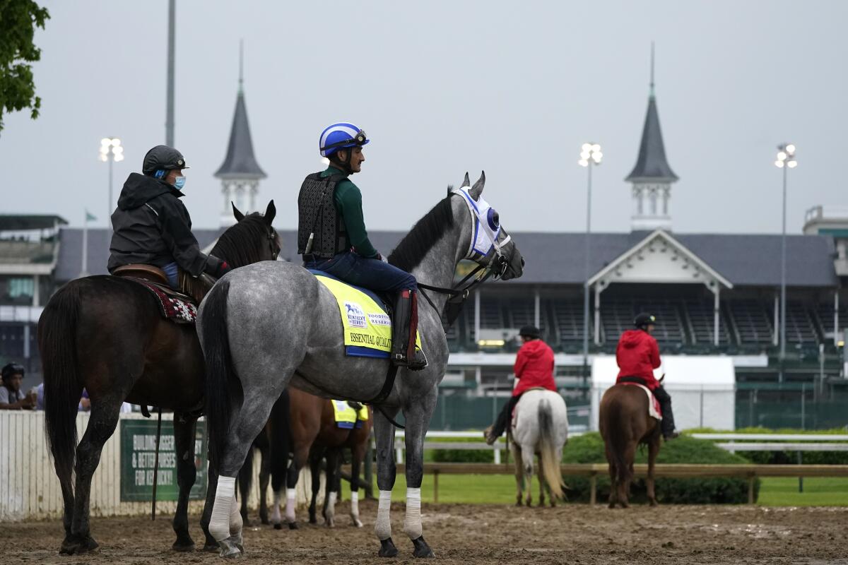 Kentucky Derby entrant Essential Quality waits to work out at Churchill Downs on Thursday.
