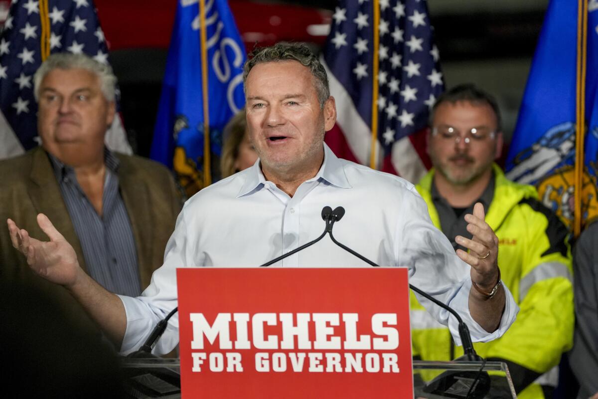 FILE — Tim Michels says a few words about initiatives he would support during the launching of his gubernatorial campaign on April 25, 2022, in Brownsville, Wis. Michels said, Tuesday, July 13, 2022, that he won’t rule out attempting to decertify President Joe Biden’s 2020 win in the state. (Ebony Cox/Milwaukee Journal-Sentinel via AP, File)
