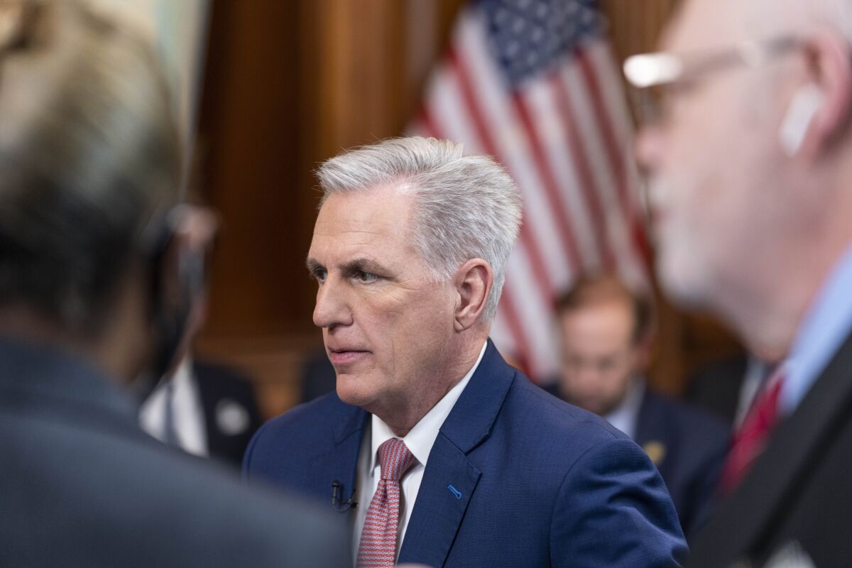 FILE - House Speaker Kevin McCarthy tapes an interview for Fox News on Jan. 10.