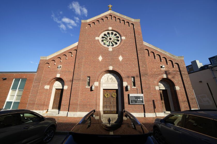 St. Peter's Church is seen Saturday, May 6, 2023, in Portland, Maine. The Roman Catholic Diocese of Portland is being sued by several women who claim to be victims of sexual abuse committed by the Rev. Lawrence Sabatino at St. Peter's from 1958 to 1967. (AP Photo/Robert F. Bukaty)