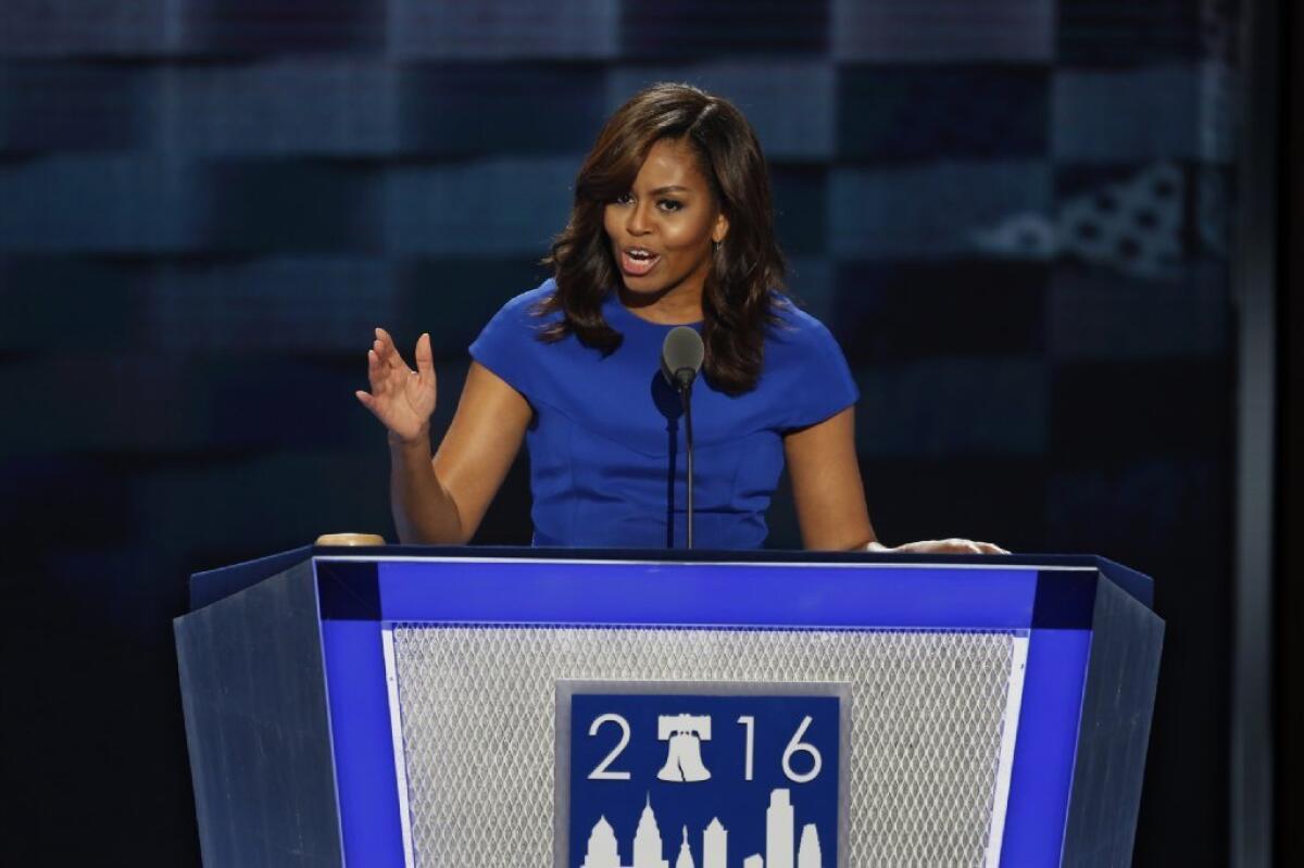 First Lady Michelle Obama addresses the audience on the first night of the Democratic National Convention on July 25.