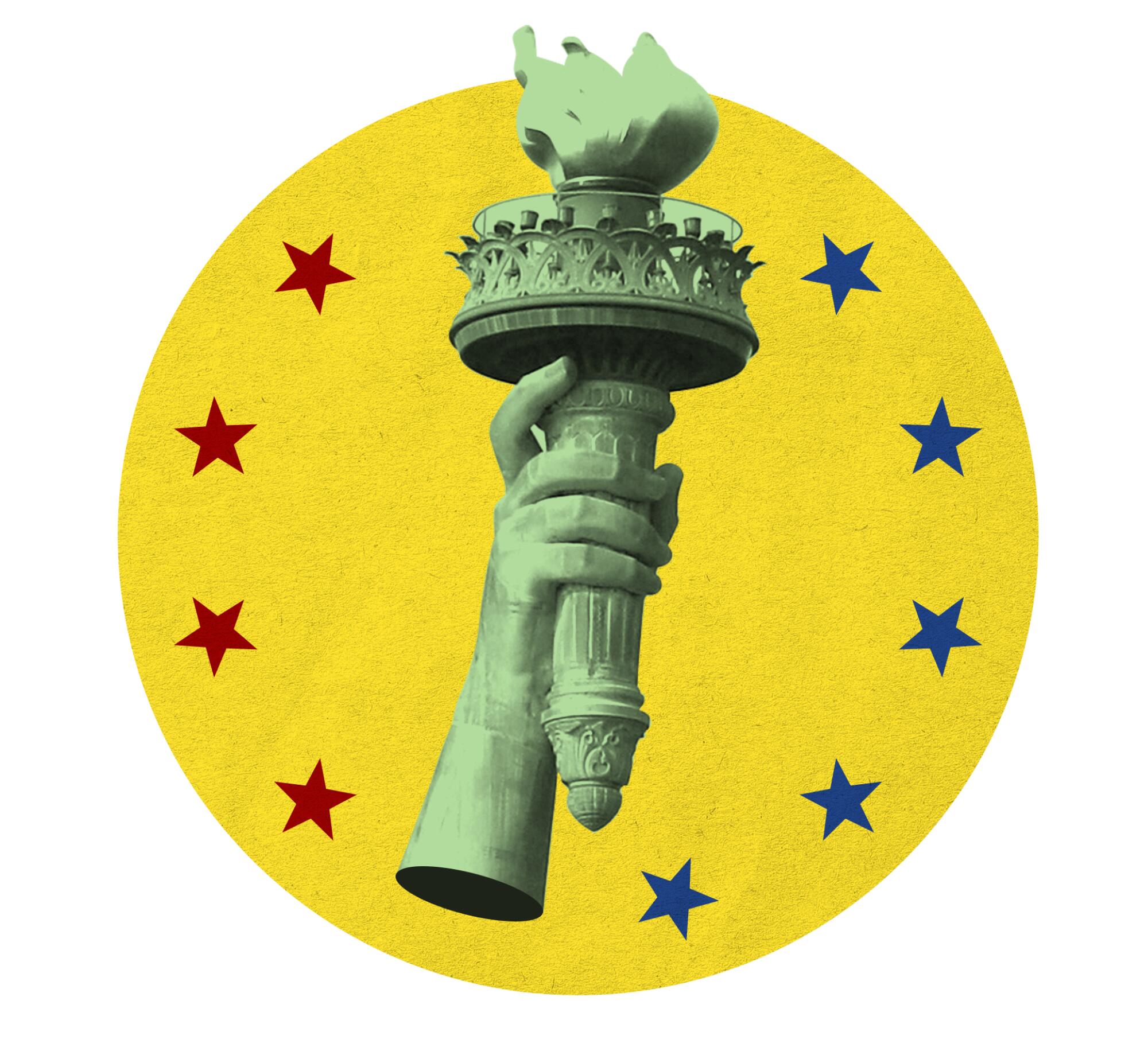 photo of statue of liberty torch in yellow circle with stars