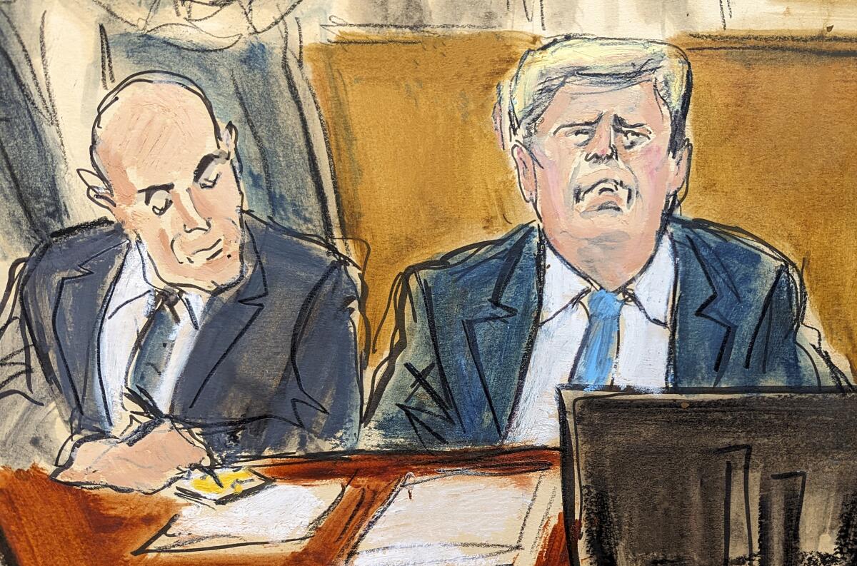 A courtroom sketch shows Donald Trump and his attorney Emil Bove in court.