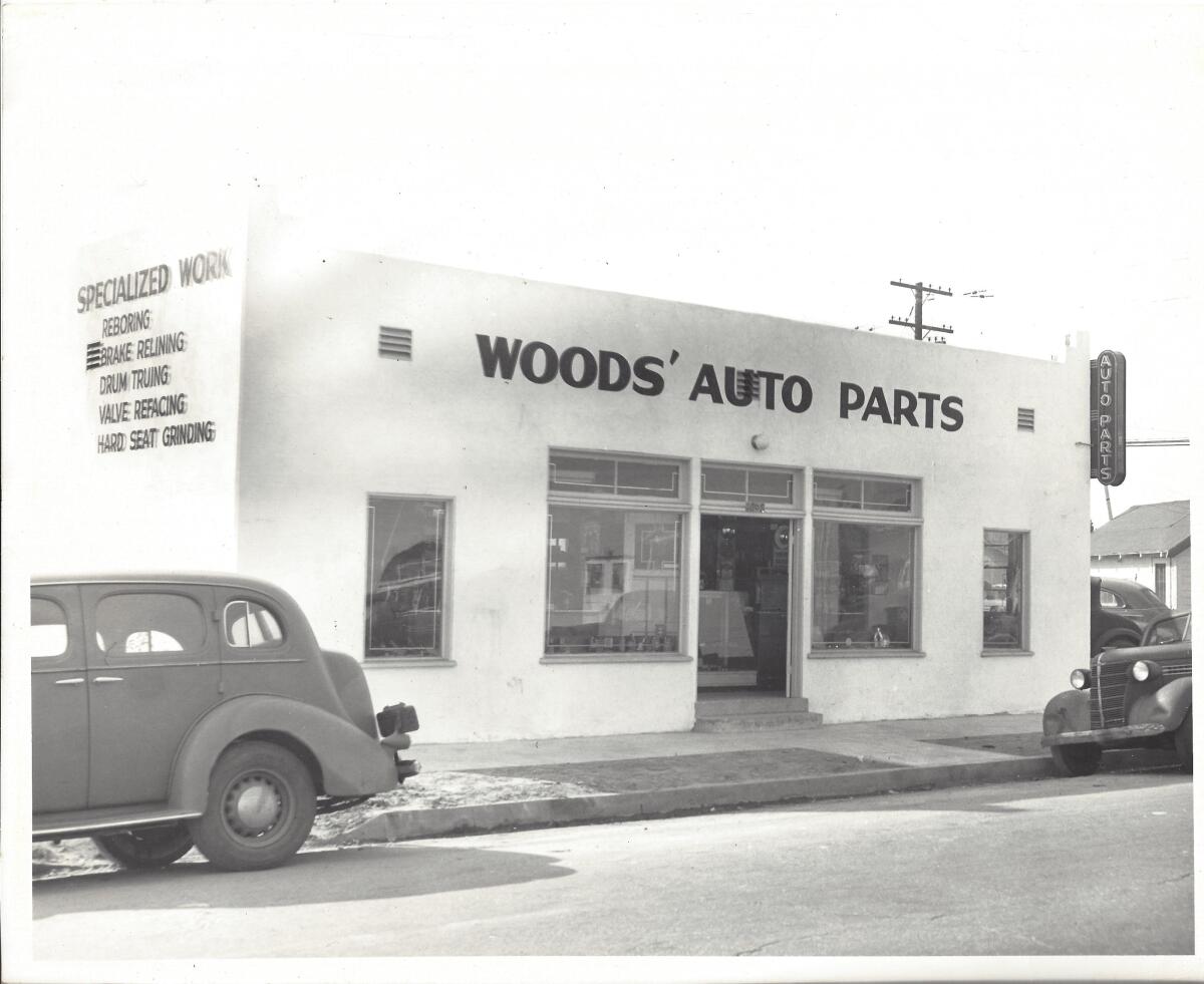 1940s photograph of Woods' Auto Parts building