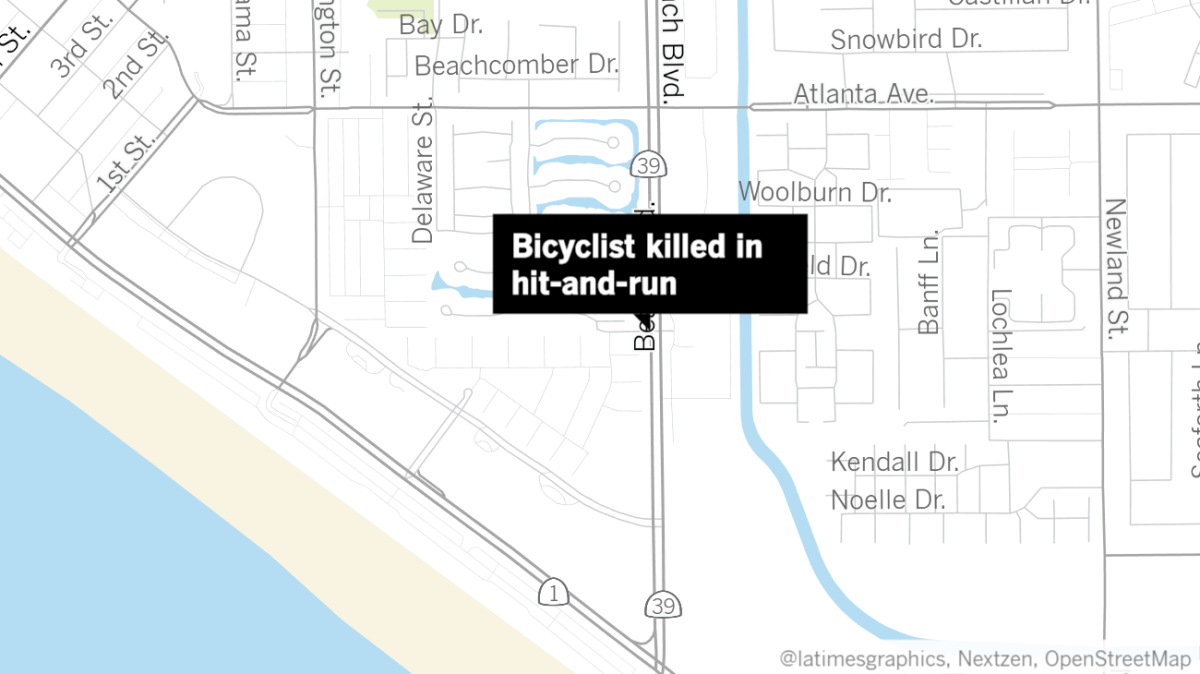 Bicyclist killed in hit-an-run near Beach Boulevard and Sunrise Drive in Huntington Beach at around 12:25 a.m. Tuesday.