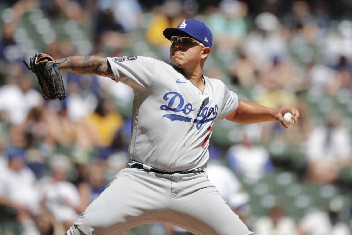 Dodgers pitcher Julio Urías delivers during a game against the Milwaukee Brewers on May 2.