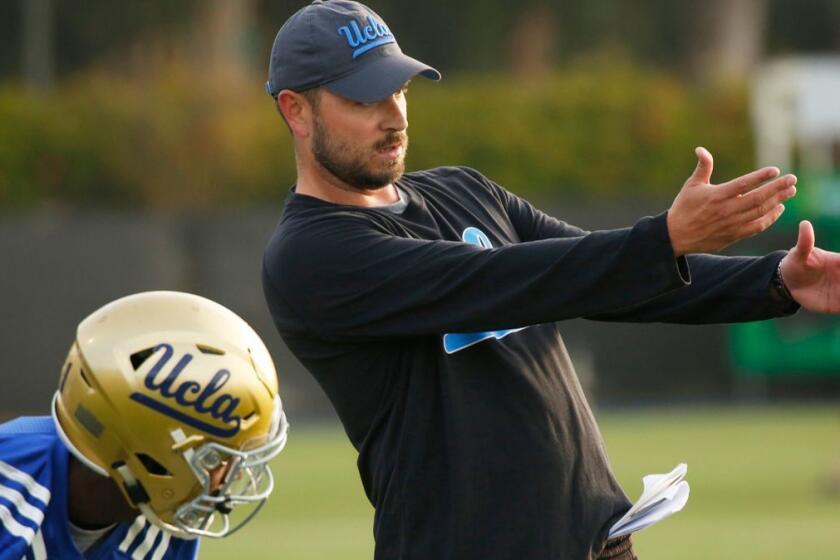 LOS ANGELES, CA - APRIL 6, 2017- UCLA football Jimmie Dougherty Passing Game Coordinator/Receivers during spring practice on the campus April 6, 2017. The Bruins have four new coaches. (Al Seib / Los Angeles Times)