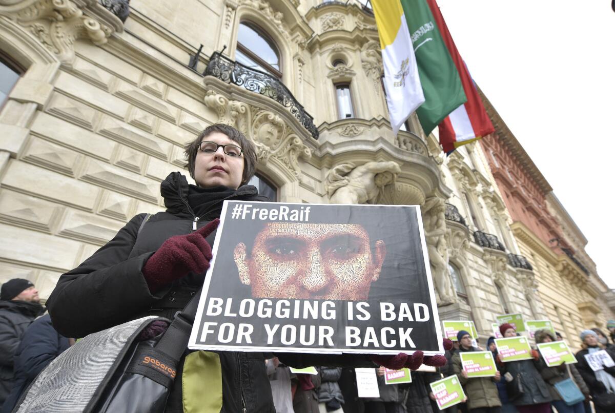 On Feb. 6, 2015, members of the Austrian Green Party protest in Vienna against the punishment for Saudi blogger Raif Badawi, who was accused of criticizing his government and flogged. Zaid Hamid, a Pakistani commentator, is now in custody in Saudi Arabia and reportedly facing flogging for comments about the Saudi-led airstrikes against Yemen.