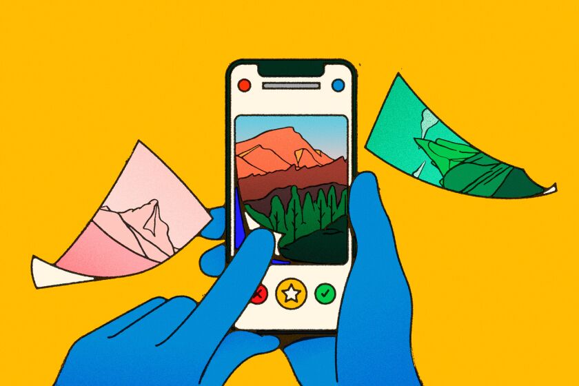 An illustration of a hand swiping through different hikes like someone would do on a dating app.