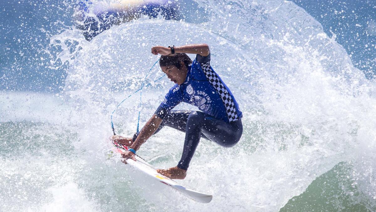Kanoa Igarashi competes during the third round of the U.S. Open of Surfing at Huntington Beach in 2018.