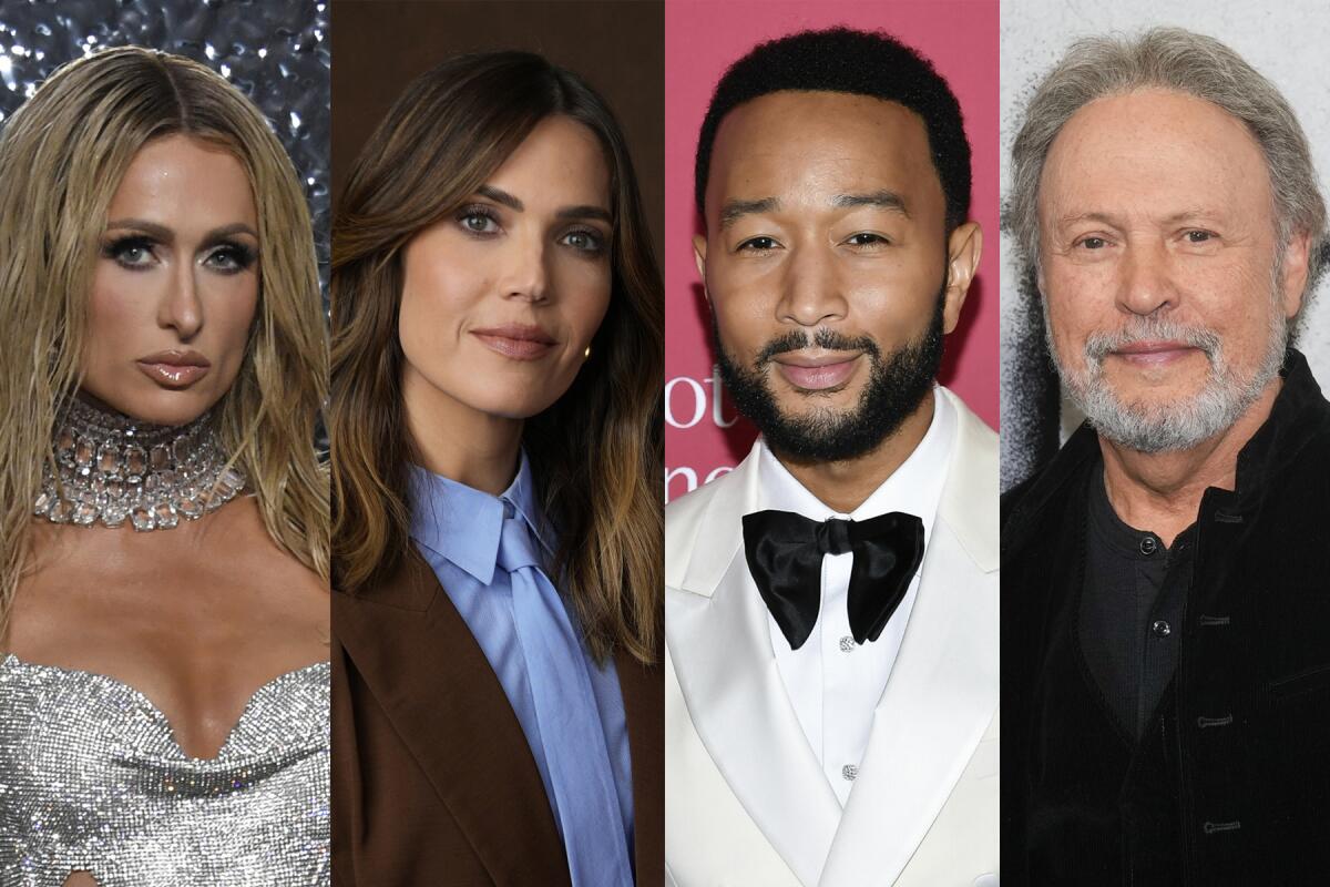 Paris Hilton, left, Mandy Moore, John Legend and Billy Crystal pictured in separate photos